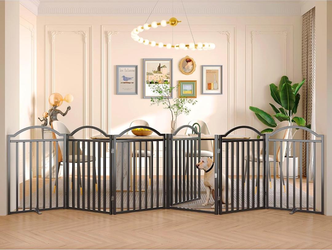 BHG Metal No-Assembly Freestanding Dog Gate with Door Walk Through, Extra Wide 144", Extra Tall 32" Pet Gate, Accordion Puppy Folding Playpen Dog Fence for Indoor & Outdoor, with 2PCS Support - Black