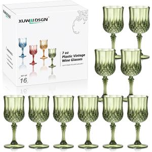 XUWAIDSGN 16 Pcs 7oz Plastic Vintage Wine Glasses Drinking Glasses Unbreakable Wedding Glassware Crystal Water Goblets Reusable Drinkware Vintage Champagne Flutes (16, Dark Green)
