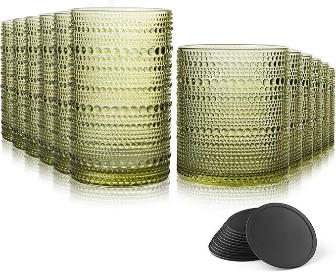 Hobnail Drinking Glasses Set of 12 Count, Vintage Glassware, Old Fashioned Glasses, 6 Highball Bubble Drinking Cups 15 oz, 6 Rocks Cups 14.5 oz with 12 Silicone Coasters, Green