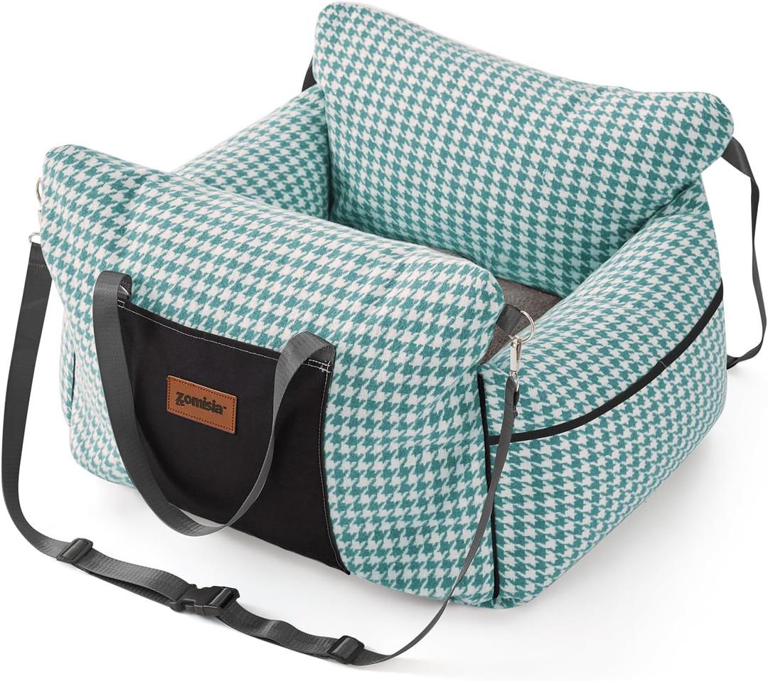 ZOMISIA Dog Car Seat for Small to Medium Dogs - Waterproof Pet Booster Seat with Clip-On Safety Leash, Carrier for Puppy up to 25 lbs, Memory Foam Filling & Adjustable Buckles, Green Houndstooth