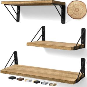BAYKA Wall Shelves for Bedroom Decor, Floating Wall Shelves for Living Room Kitchen Storage, Wall Mounted Rustic Wood Floating Shelves for Kids Books, Corner Shelves for Bathroom(BrownSet of 3)