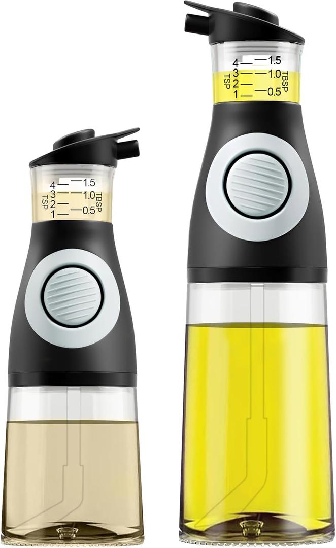 Belwares Oil and Vinegar Dispenser Set with Measuring Cup - 2 Glass Olive Oil Dispenser Bottles for Kitchen - Cooking Oil Bottle Set, Drip-Free Cruets for Salad Dressing, BPA-Free, Dishwasher Safe