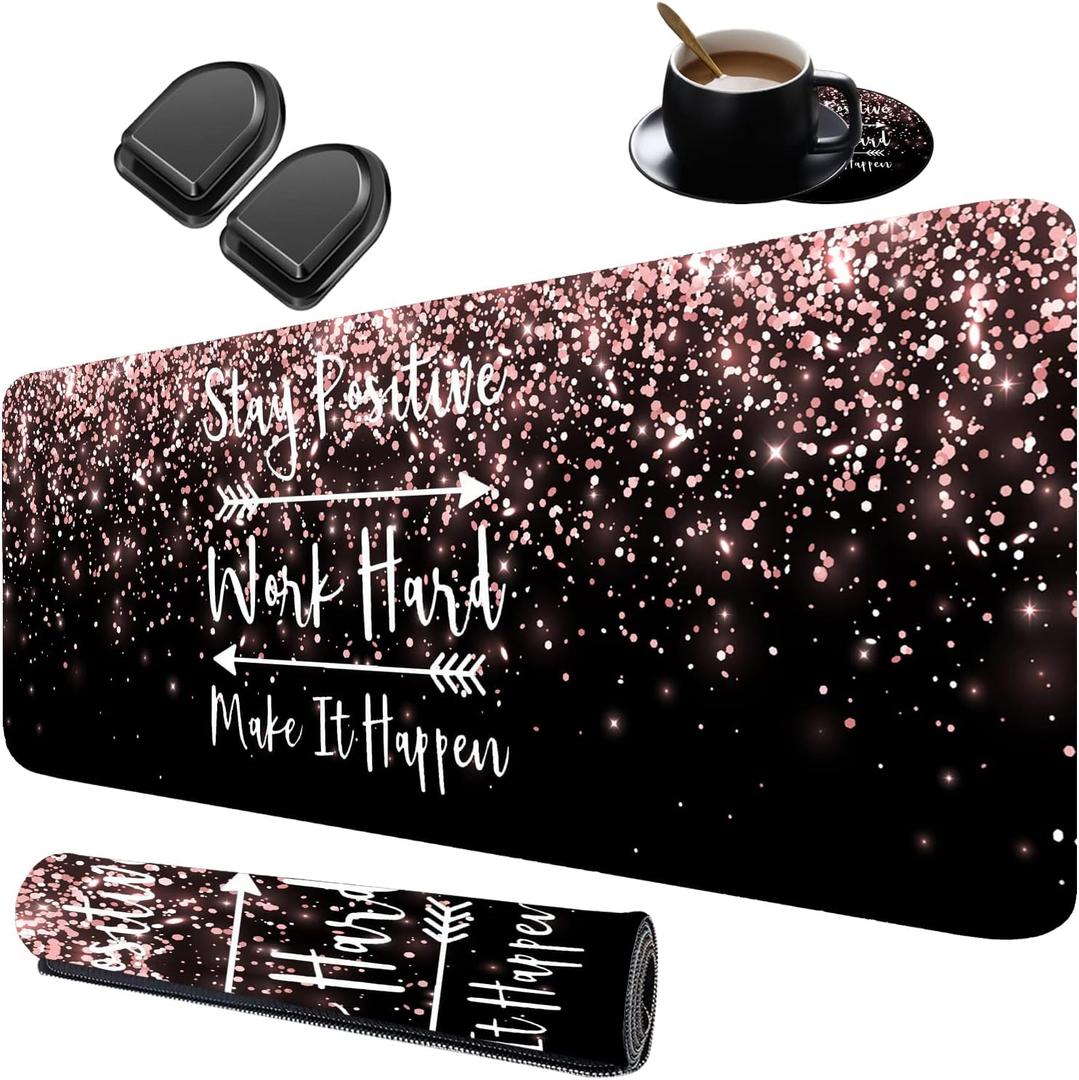 Extended Game XXL Desktop Pad+Mouse Wrist Cushion+Coaster Suite, Non -Slip Rubber Base Mouse Pad and Suture Edge, Memory Foam Wrist Rest Support, Stay Positive Work Hard and Make It Happen (FOK-FO2-Mouse-18)