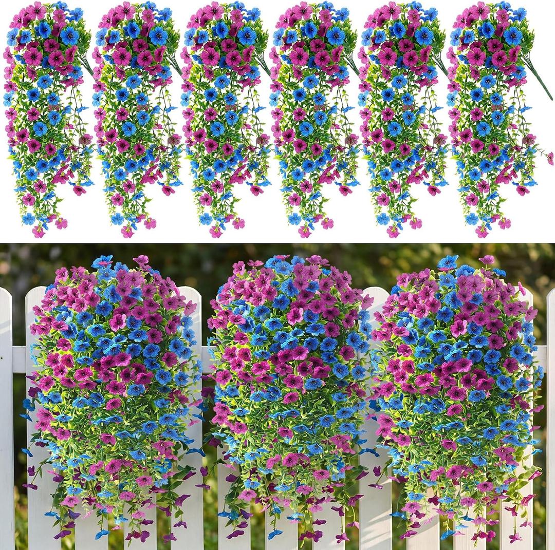 6 Pcs Artificial Fake Hanging Flowers Plants for Outdoor Decoration Faux Silk Long Vine UV Resistant Look Real for Spring Summer Outside Home Porch Patio(Rose Red Blue)