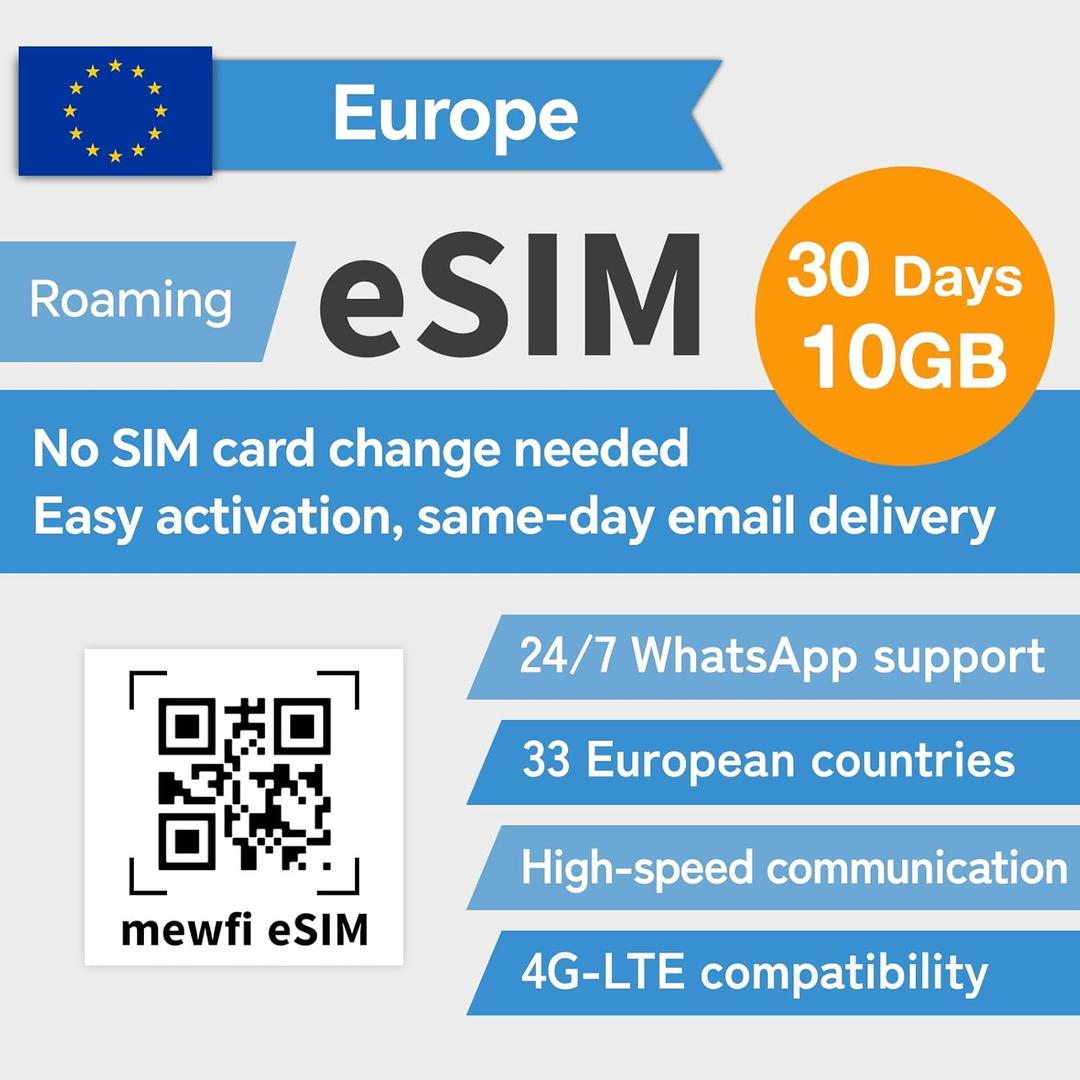 Europe eSIM 30 Days 10GB  30+ European Countries, 4G High-Speed Communication, Easy Activation, for eSIM Compatible Unlocked Smartphones