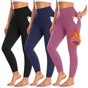 3 Pack Fleece Lined Leggings Women with Pockets -Warm Winter Yoga Pants for Women Thermal Running Workout Leggings (Small-Medium, Black/Navy/Dark Pink)