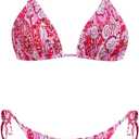 VOLAFA Women's Triangle Bikini Set String Swimsuit Print Tie Smocked Ruched Two Piece Bathing Suit (6)