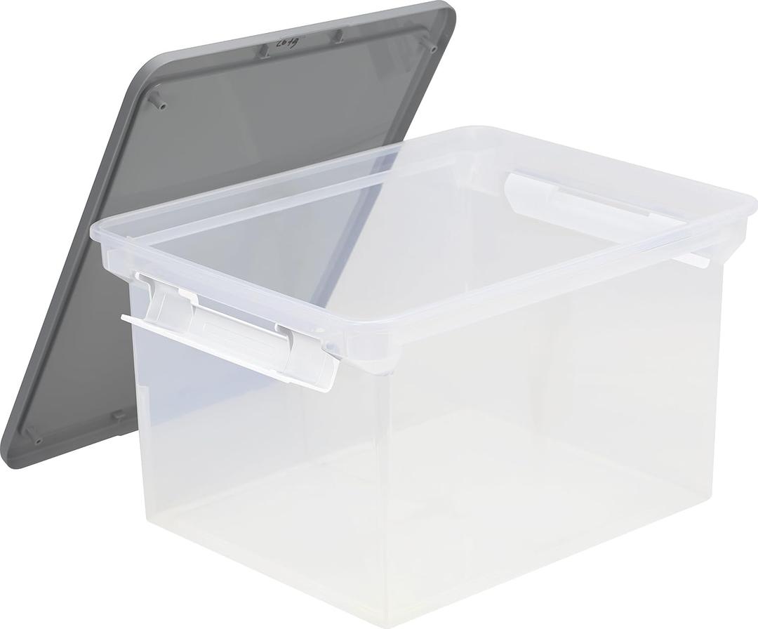 Storex Portable File Tote with Locking Handles, Letter/Legal Files, 18.5" X 14.25" X 10.88", Clear/Silver