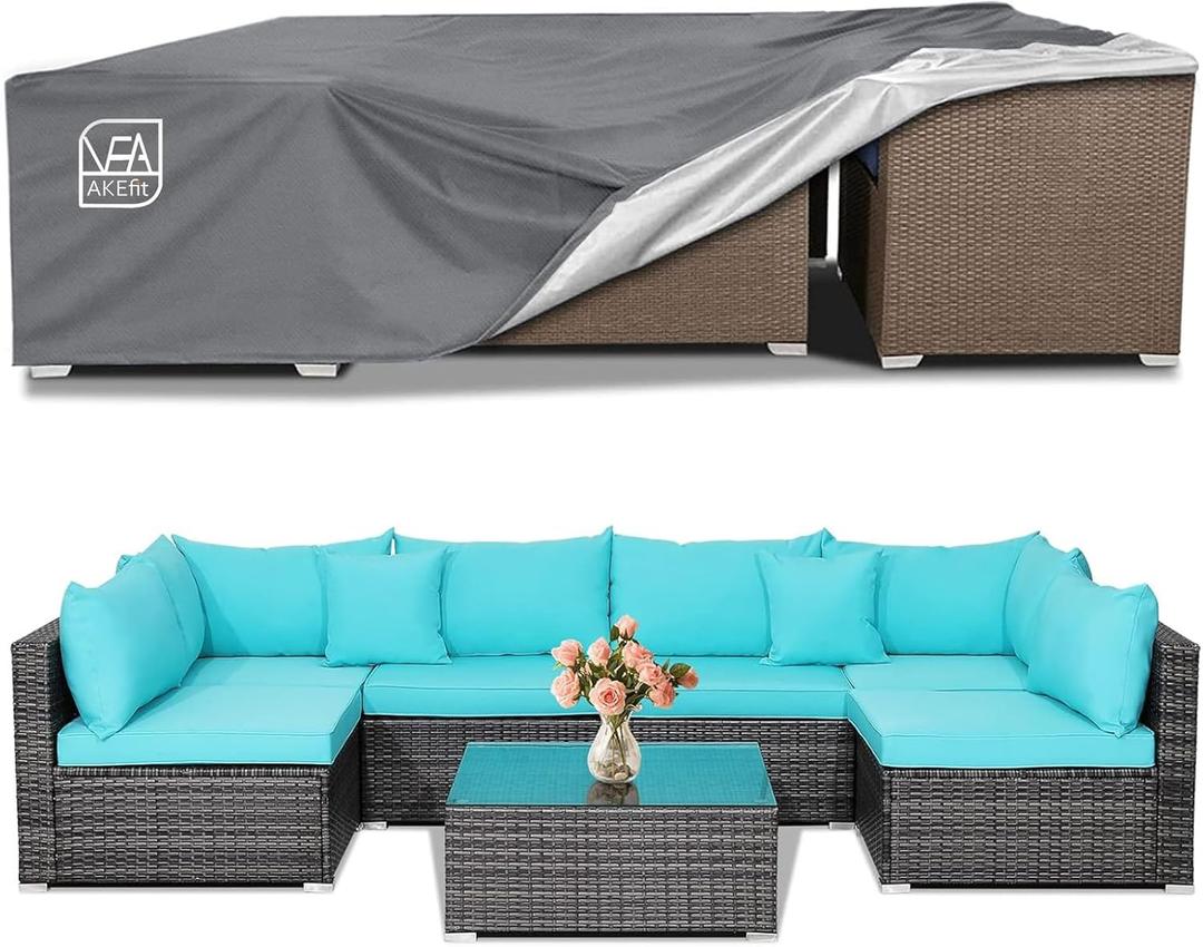 AKEfit Patio Furniture Covers, 500D Heavy Duty Waterproof for Outdoor Square and Rectangle Patio Table and Chair Covers,Grey -126"L x 63"W x 28"H