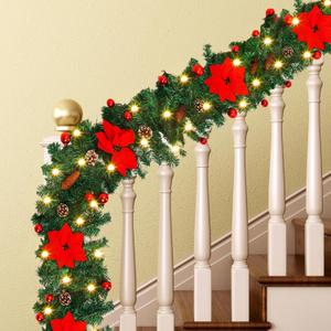 Hotop 4 Pack 9ft Prelit Outdoor Christmas Garland with Lights Bulk, 100 LED Battery Operated Artificial Garland with Vines Poinsettia Pinecones Christmas Balls for Stairs Porch Front Door(Green)
