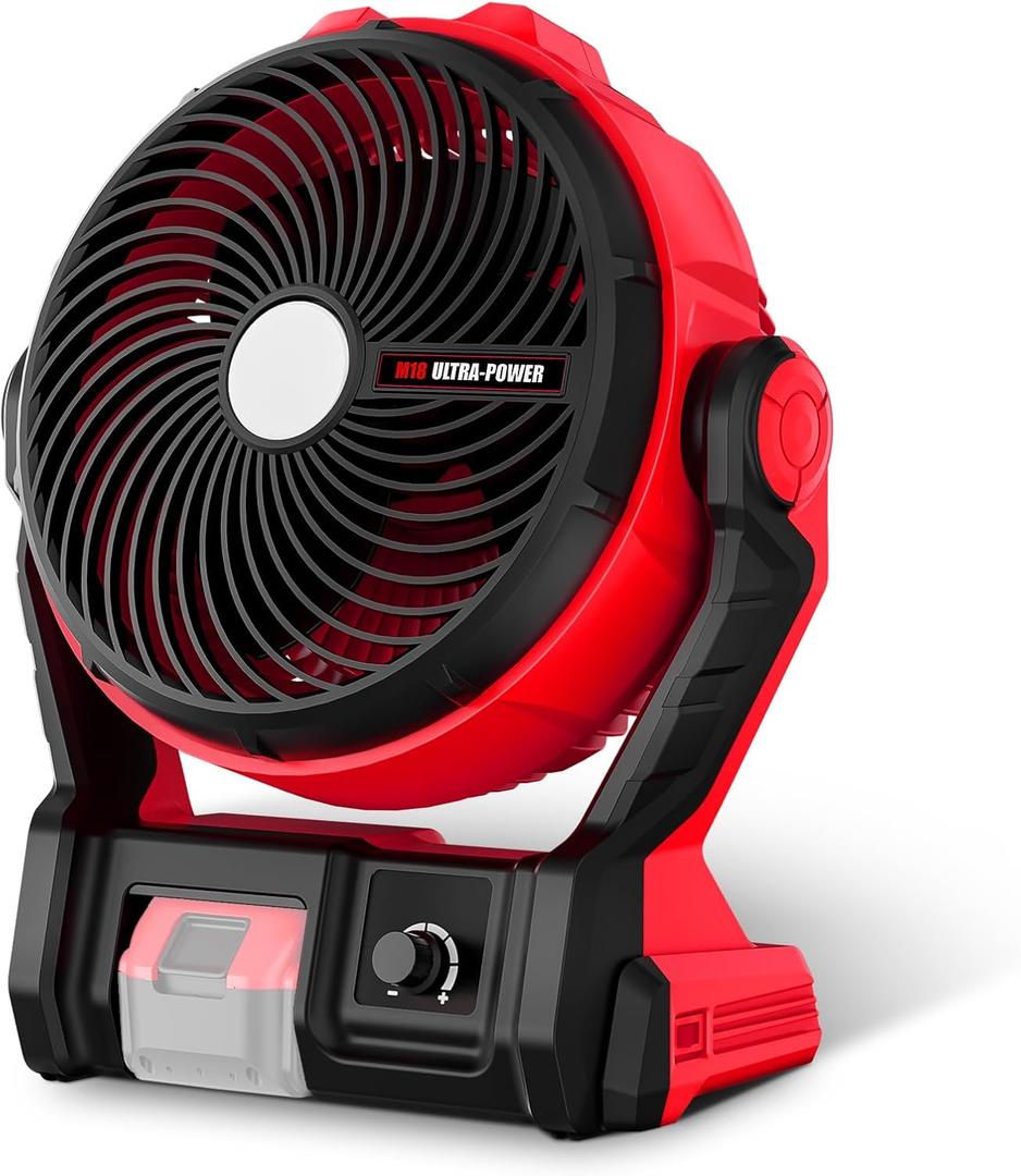 11.5" Jobsite Fan 800CFM Compatible with Milwaukee M18, Bare Tool | Hybrid Corded/Cordless Portable Shop Fan with 70 LM LED Light & Hanging Hook for Workshops, Construction and Outdoor Projects