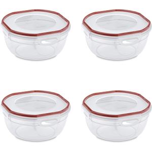 Sterilite Ultra-Seal 2.5 Qt Bowl, Airtight Food Storage Container, Plastic, Latching Lid, Microwave and Dishwasher Safe, Clear With Red Gasket, 4-Pack