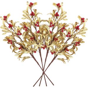 Janinka 4 Pcs Christmas Artificial Mistletoe Picks 23.6 Inch Xmas Fake Flowers with Red Berries Glittered Mistletoe Stem Branches Flowers for Xmas Tree Floral Arrangement Crafts Holiday Party Decor
