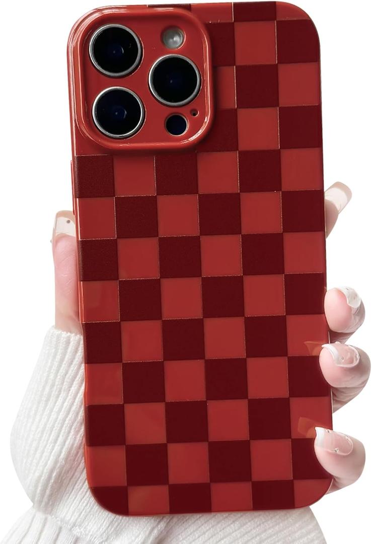 NITITOP Compatible with iPhone 16 Pro Case Cute Aesthetic Checkerboard Checkered Pattern for Women Girl Trendy Slim Fit TPU Silicone Shockproof Full Camera Protection Cover - Wine Red