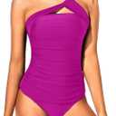 Tempt Me Two Piece Tankini Bathing Suits for Women One Shoulder Swim Top with Bottom Swimsuits (Large, Purple)