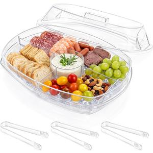 DEAYOU Ice Serving Tray for Party Food, Chilled Serving Platter Dish with 4 Compartments, 15" Divided Serving Bowl with Lid for Appetizers, Fruits, Vegetables, Salads, Shrimp Cocktail