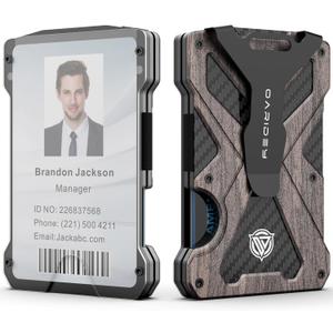 Minimalist Wallet for Men- Slim Aluminum Metal Money Clip Wallet with Clear ID Card Holder, Carbon Fiber Wallet, RFID Blocking,Holds up 15 Cards with Cash Clip,Ultra-Thin Tactical Wallet - Walnut Wood