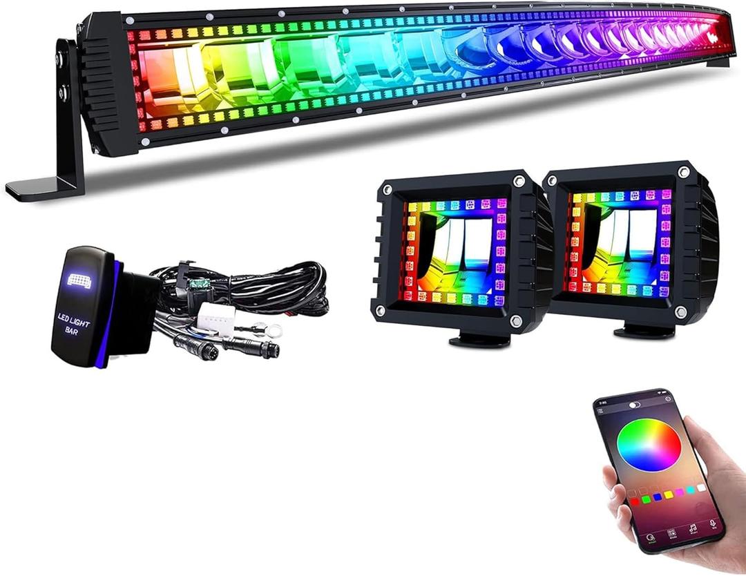Lpteso RGBW Curved LED Light Bar 50Inch 288W Flood Spot Combo Beam 2PCS 4 Inch 18W Flood RGB LED Pods with 16 Solid Colors Chasing RGB Halo Ring Changing with Strobe Flashing with Rocker Switch Wiring