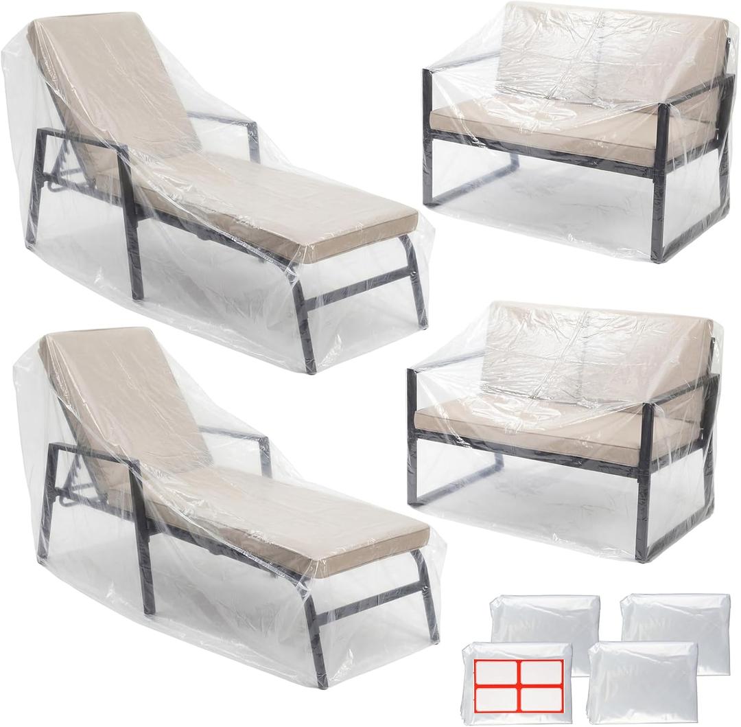 Windyun 4 Pack Clear Plastic Chaise Lounge Cover for Patio Furniture Outdoor Waterproof Couch Chair Covers, Clear Plastic Loveseat Bench Slipcovers Dustproof for Sofa Moving Storage Protector