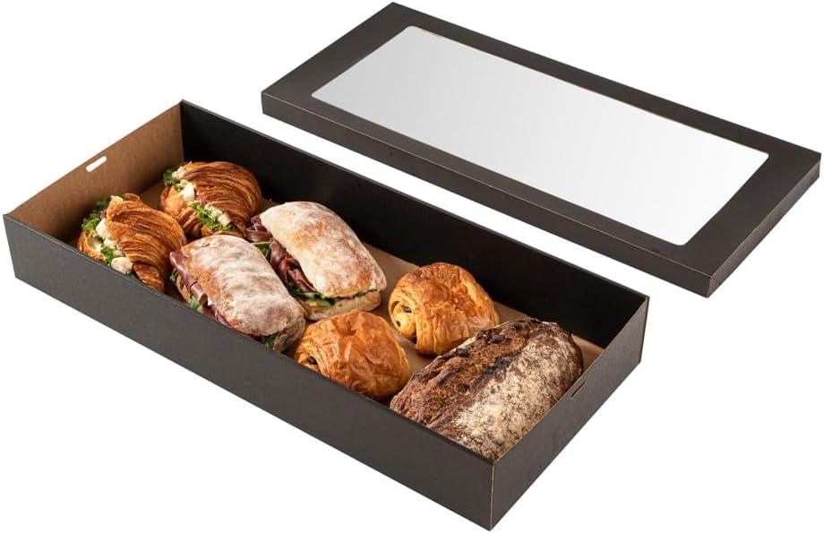 Restaurantware Cater Tek 22.2 x 10 x 3.2 Inch Baked Goods Boxes 10 Greaseproof Pastry Boxes - Window Lids Insert Tab Lock Black Paper Catering Boxes Easy Assembly For Charcuterie Or Cupcakes