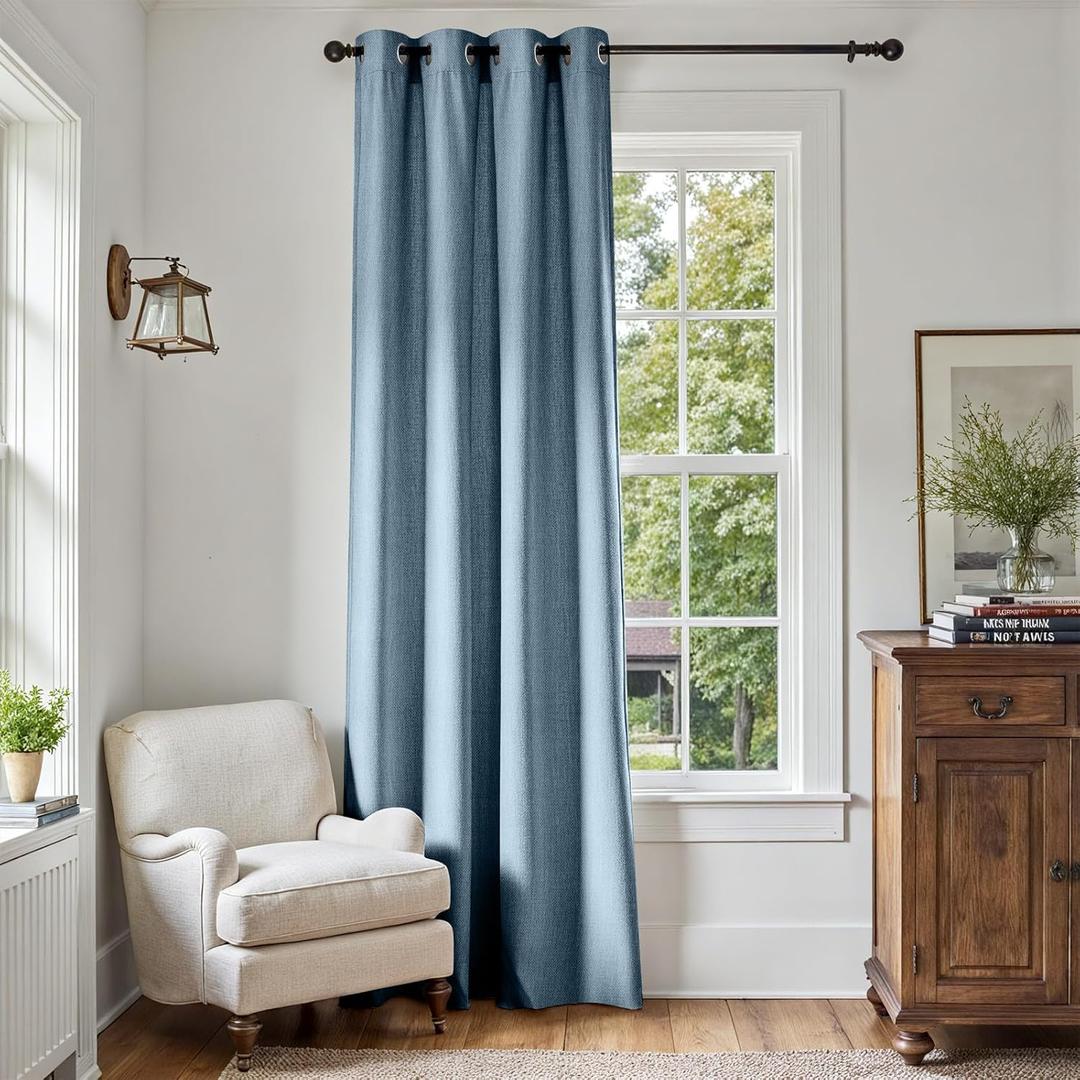 jinchan Linen Textured Room Darkening Curtain 90 Inches Long for Living Room Denim Blue Thermal Insulated Grommet Top Window Drape for Bedroom 1 Panel Denim Blue