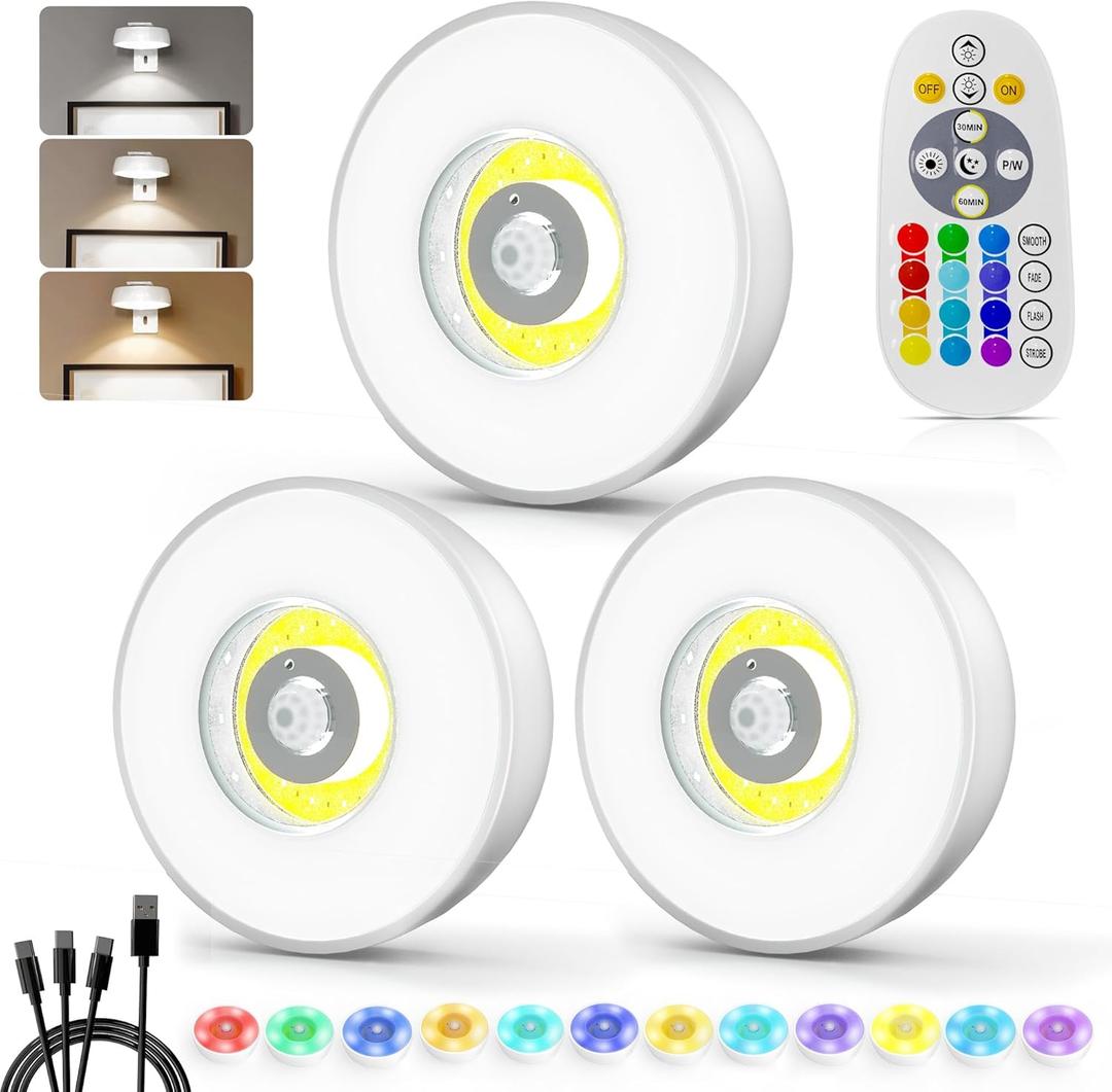 Under Cabinet Lighting, 3 Pack Rechargeable Stick on Lights with Remote, 3 Color Temps &12 RGB LED Motion Sensor Lights Indoor, Dimmable Magnetic Under Counter Lights for Kitchen, Shelf