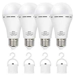 OFFLIY Emergency Light Bulbs, 1800mAh High-Capacity Battery for Longer Emergency Time, 9W,750LM,5000K Rechargeable Light Bulbs for Power Outage, A19 E26 Led Light Bulbs, 4PK,with 4 Hooks