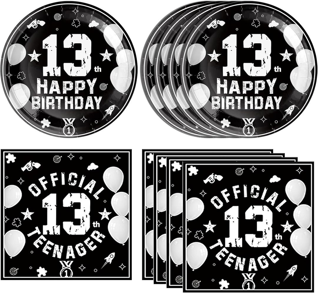 13th Birthday Party Supplies Black Themed 13th Disposable Tableware Decorations Plates Napkins Set for Kids Boys Teenager Favors