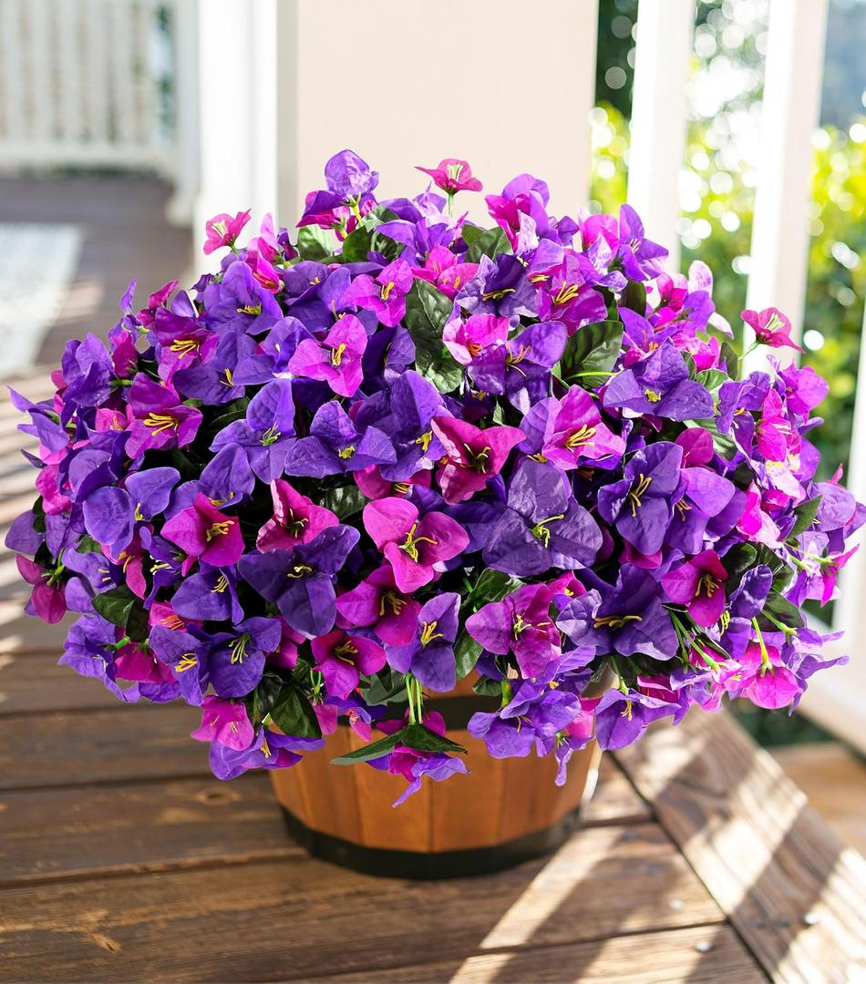 Artificial Flowers Plants for Outdoors Spring Summer Decor, 4 Bundles Fake Bougainvillea Silk Outside Flowers UV Resistant Look Real for Outdoor Planter Patio Porch Window Garden Home, PurpleFuchsia