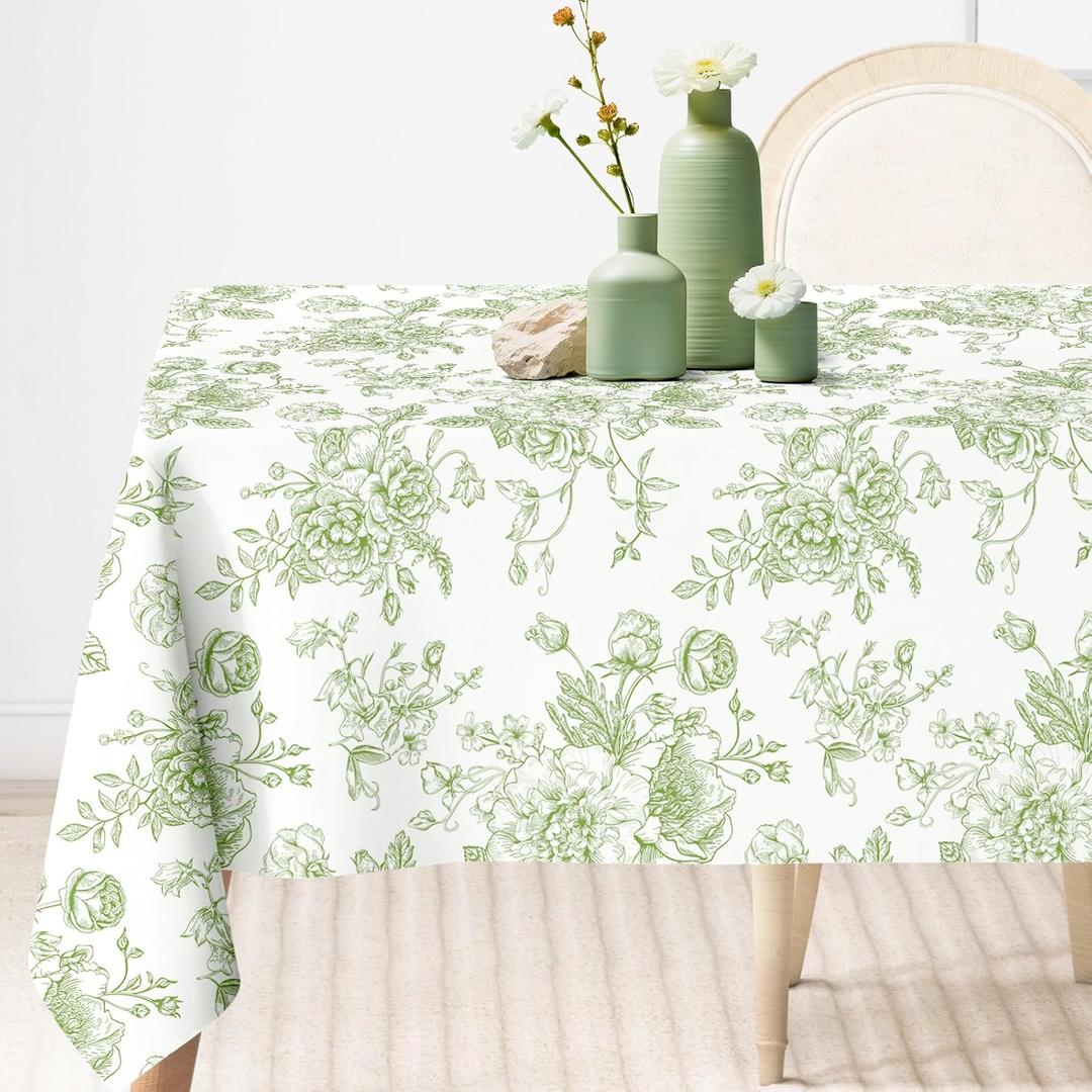 Green Flower Tablecloth Rectangle Floral Fabric Table Cloth Washable Wildflower Table Cover for Spring Picnic Dinner Decoration, 60 x 104 Inch