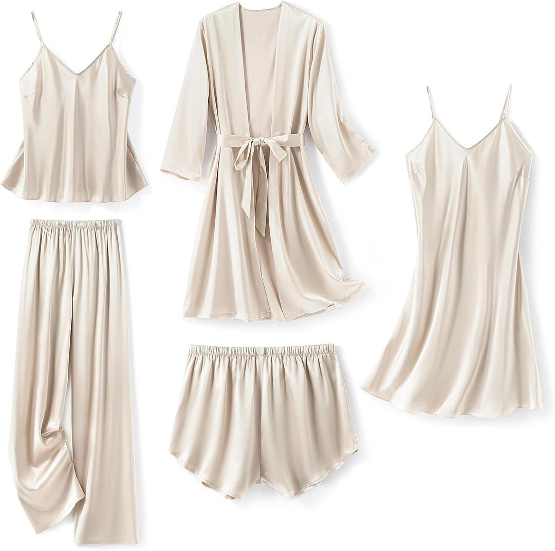 SAPJON Silk Pajamas for Women 5Pcs Sleepwear Loungewear Satin Robe Cami Shorts Pj Set (X-Large, Light Grey)