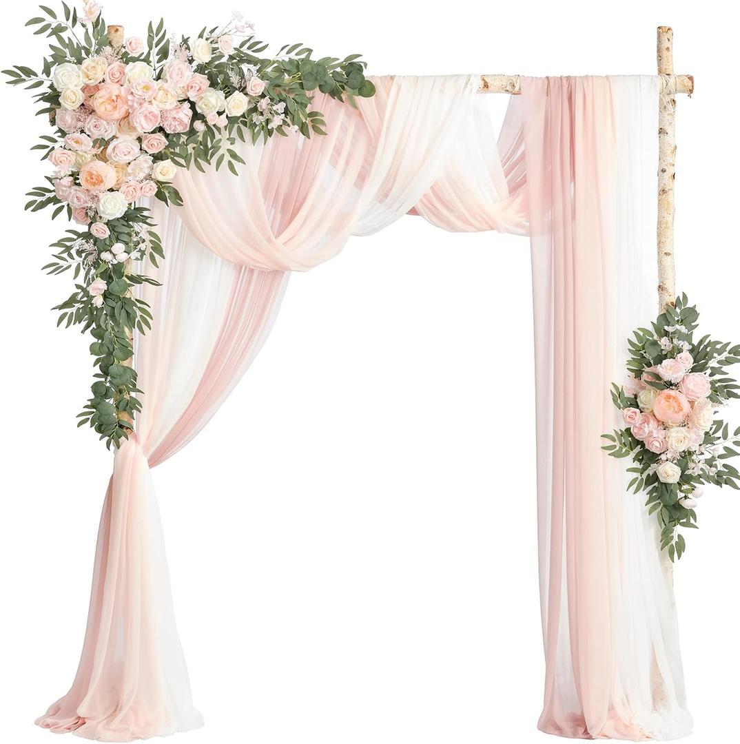 Ling's Moment Deluxe Pink Artificial Wedding Arch Flowers with Drapes Kit-Pack of 5, 2pcs Flower Arrangements 3pcs Hanging Sheer Drapes Blush Ceremony Arbor Reception Backdrop Rose Floral Decorations (Pk-blush & Cream)