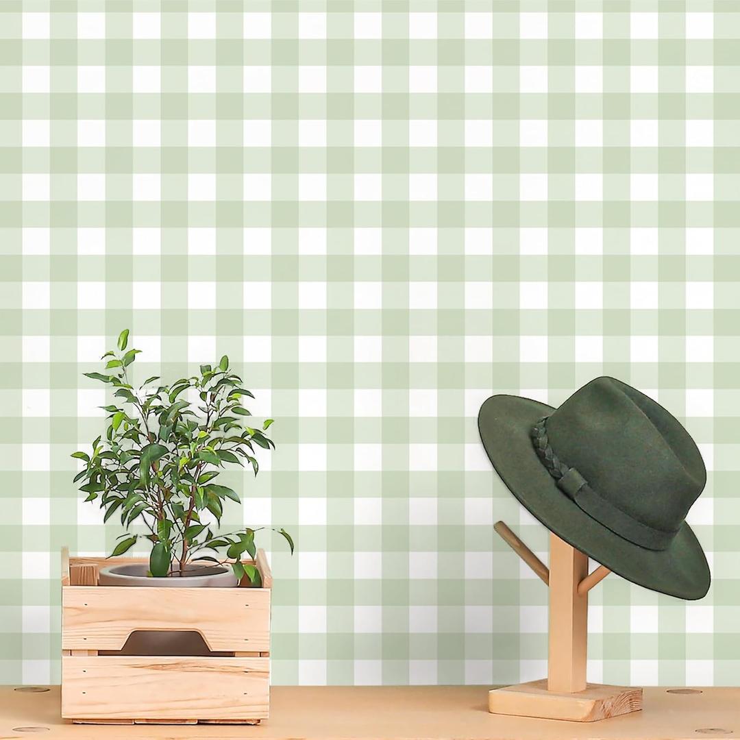 Cohoo Home Green Plaid Peel and Stick Wallpaper Boho Plaid Contact Paper for Cabinet Green Checkered Gingham Contact Paper Self Adhesive Removable Wallpaper Bathroom Nursery Waterproof 17.3inW 315inL