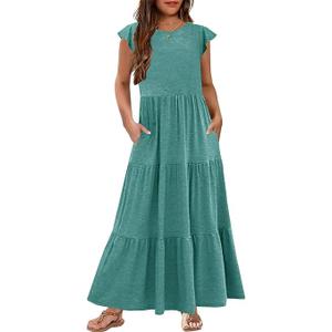 HOSIKA Girls Summer Casual Ruffle Short Sleeve Crewneck Aline Flowy Tiered Beach Maxi Sundress with Pockets for 13-13Y