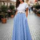 Women's Gingham Plaid Maxi Skirt High Waist A-Line Pleated Summer Skirt | Classic Vintage Swing Flared Long Skirt Soft Breathable Lightweight Comfy Casual Wear For Daily Outings Beach and Vacation (Blue, M)
