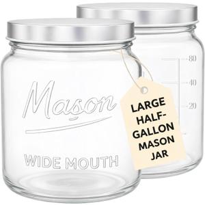 Kitchentoolz 64 oz Mason Jars Wide Mouth 2-Pack Half Gallon Glass Jar with Lid Large Mason Jars with Lids for Food Storage, Canning, and Fermenting