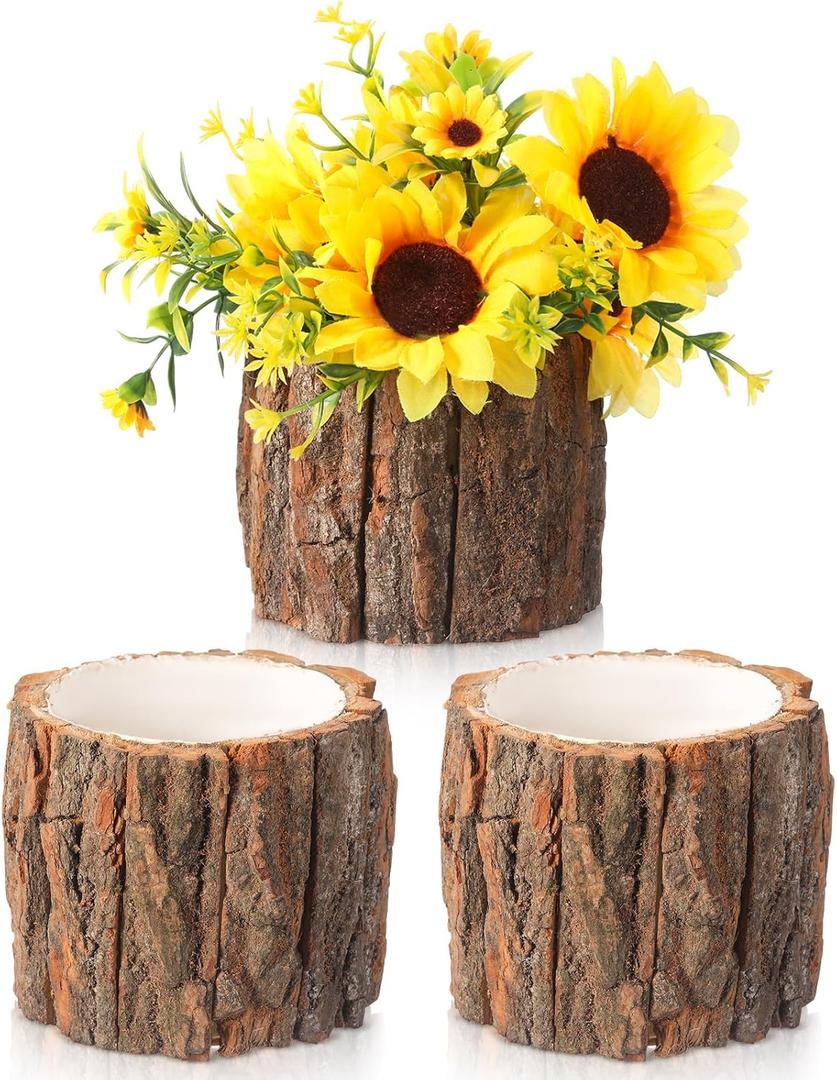 3 Pcs Wooden Vase for Centerpieces Woodland Table Decor Wooden Flower Vase Rustic Bark Stump Buckets Vintage Wood Planter Pots for Garden Party Wedding Window Home Farmhouse (Large)