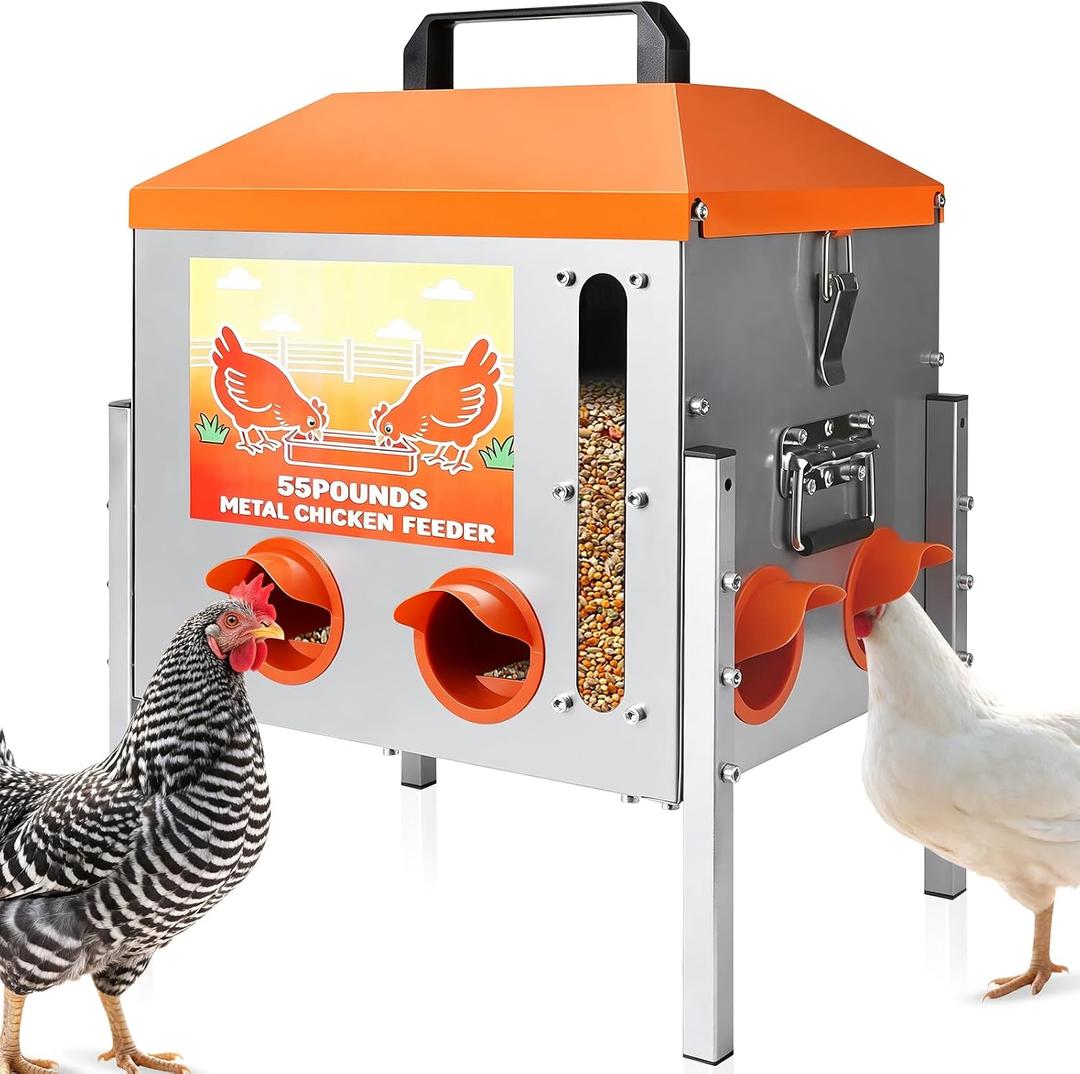 55LBS Automatic Chicken Feeder, No-Waste Coop Feeder with Viewing Window, 8 Feeding Ports, Adjustable Legs & Secure Locking Lid, Large Capacity Feed Dispenser for Chickens, Ducks and Poultry