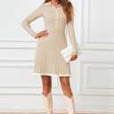 MEROKEETY Women's Long Sleeve V Neck Sweater Dress 2026 Fall Button Knit Pleated Mini Work Dresses (Beige, L)