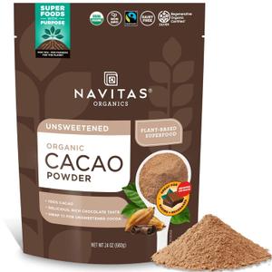 Navitas Organics Cacao Powder - Cocoa Powder Substitute 1:1, For Hot Chocolate, Baking & More - Regenerative Organic Certified, Non GMO, Fairtrade, Gluten Free, Non-alkalized (24oz. Bag, 113 Servings), Best Before: October 2025