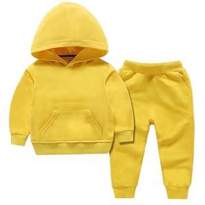 Baby Boy Girl 2Pcs Fall Winter Outfit Solid Color Long Sleeve Hoodie Sweatshirt and Sweatpants Set Toddler Sweatsuit (Yellow, 6Years)