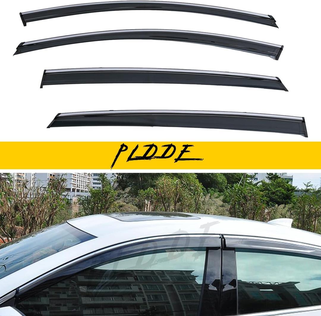 Window Rain Guards Compatible with Chevy Malibu 2016-2025 Smoke Tint with Chrome Trim Outside Mount Tape On/Clip On Style PVC Window Visors Vent Deflectors Set of 4