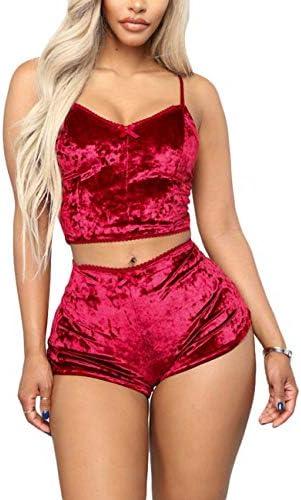 Angsuttc Women's Velvet 2 Piece Outfit Spaghetti Strap Crop Top Shorts Pajamas Set Sleepwear Nightwear, XXL