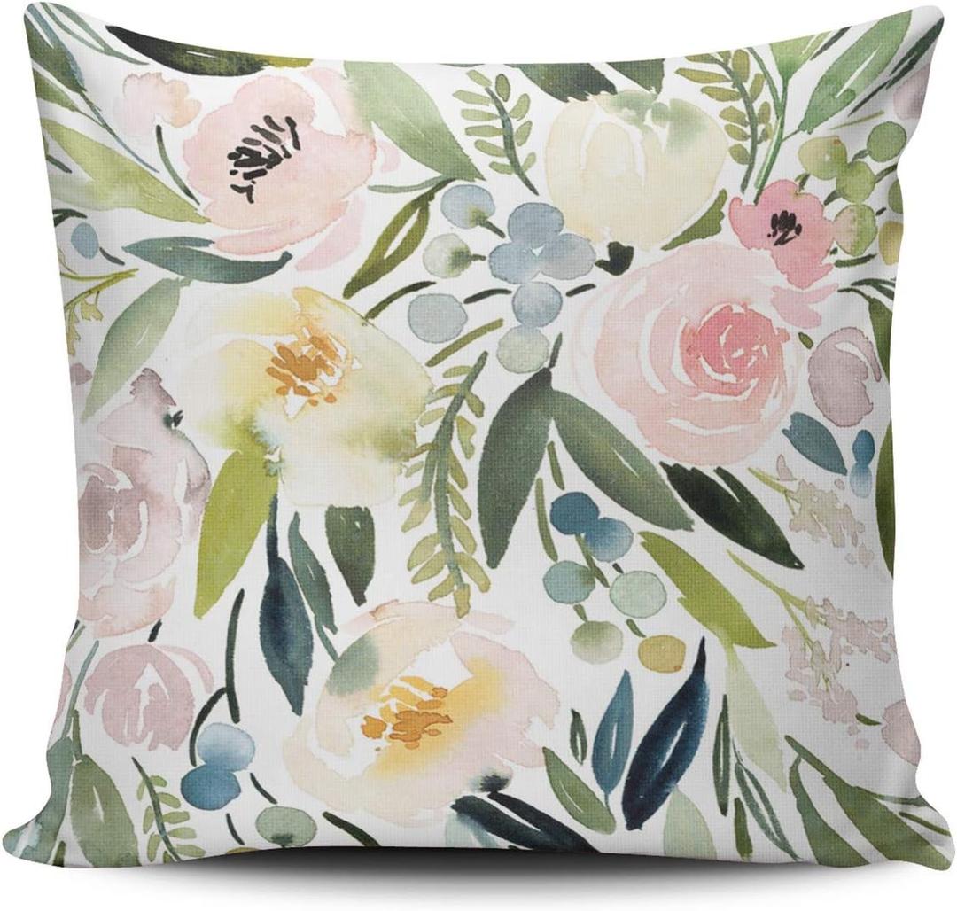 Fashion Home Decoration Design Throw Pillow Case Green and Pink Watercolor Floral 24X24 Inches Square Custom Pillowcase Cushion Cover Double Sided Printed (Set of 1)