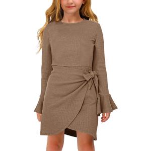 Girl's Midi Dresses Solid Waffle Knit Dress Flared Long Sleeve Belted Dress for Kids (9-10 Years, Khaki)