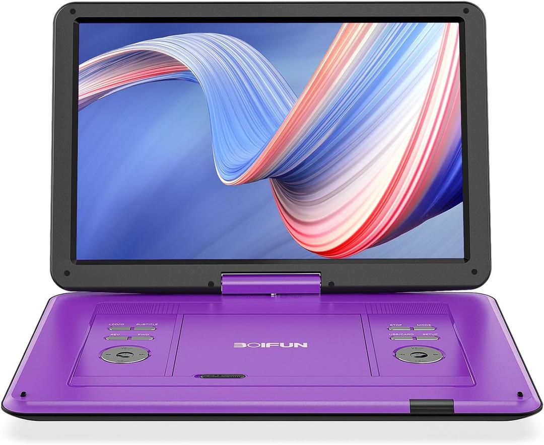 BOIFUN 17.5" Portable DVD Player with 15.6" Large HD Screen, 6 Hours Rechargeable Battery, Support USB/SD Card/Sync TV and Multiple Disc Formats, High Volume Speaker, Purple