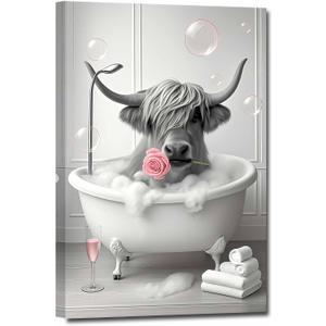 ZHIYYHAO Black and White Wall Art Highland Cow in Bathtub Canvas Wall Art Framed Funny Cow with Roses Graffiti Highland Cow Paintings Canvas Prints for Hallway Decor Bedroom Living Room Nursery Home Decor （A-8，24.00L" X 16.00W''）