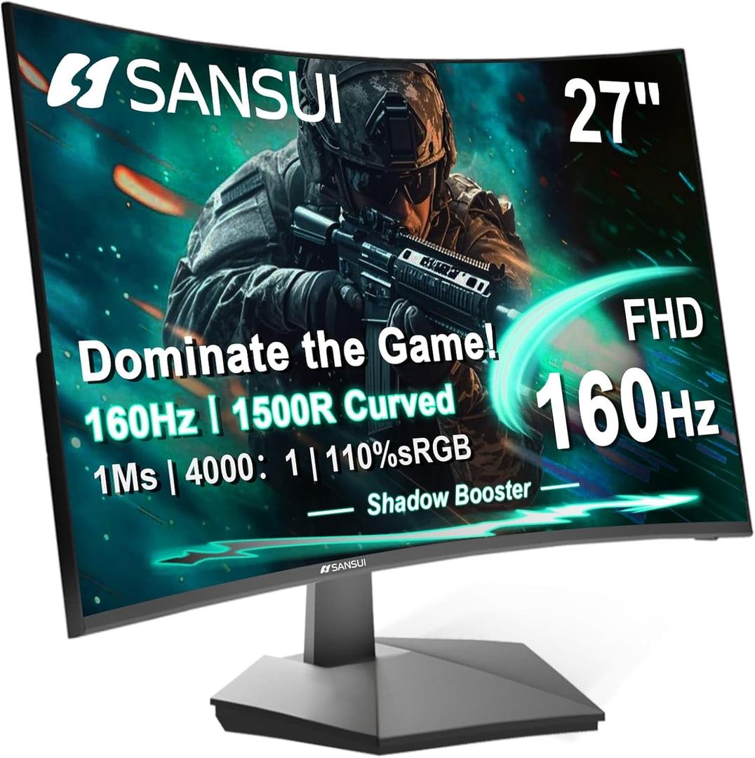 SANSUI 27 Inch Curved 160Hz Gaming Monitor, 1500R Curved Computer Gaming Monitor FHD 1080P, 4000:1, 110% sRGB, FPS/RTS, 1Ms MPRT|FreeSync|HDR|Low Blue Light|HDMI DP| VESA Support, HDMI Cable Incl