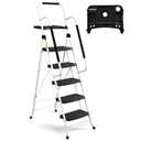 HBTower Step Ladder, Folding Step Stool with Wide Anti-Slip Pedal, Sturdy Steel Ladder, Convenient Handrail, Lightweight, Portable Steel Step Stool (White)