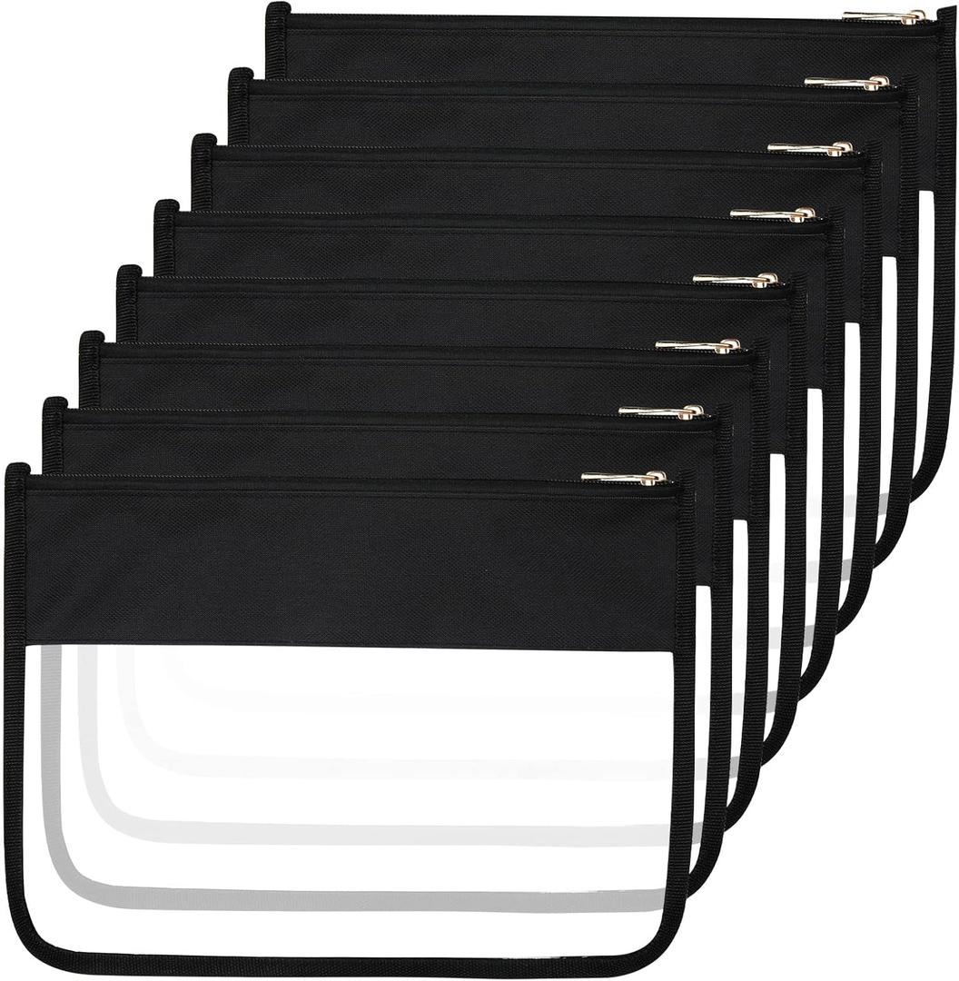 Teling 8 Pieces Clear Makeup Bags DIY Chenille Letter Pouch Clear Zipper Pouches Travel PVC Oxford Cloth Cosmetic Portable Waterproof Makeup Storage Bag Toiletry Snack Organizer for Women Girls, Black